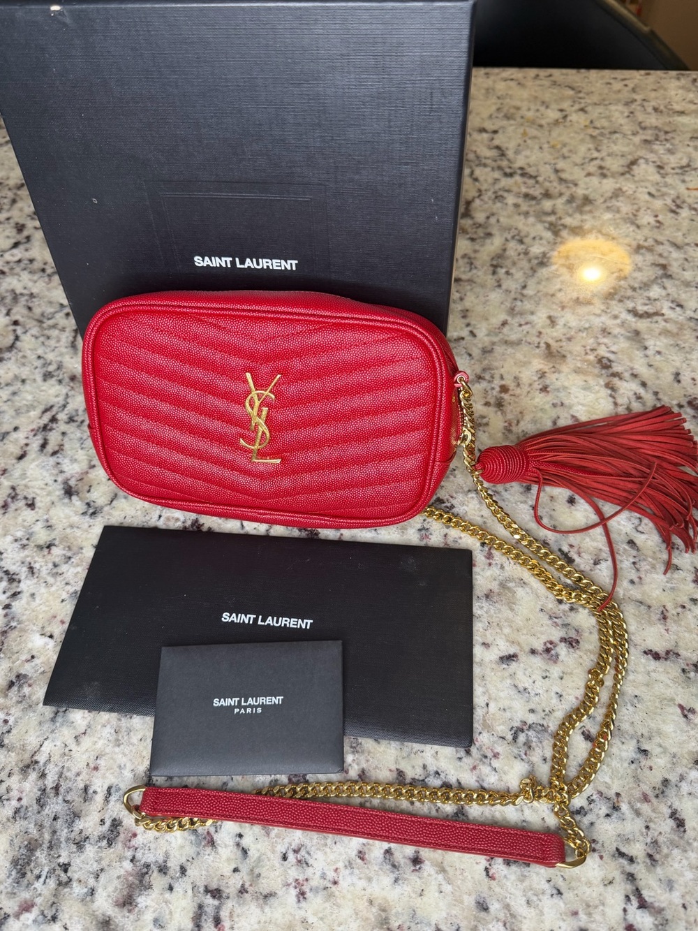 Saint Laurent Red Quilted Leather Camera Bag with Gold Tassel